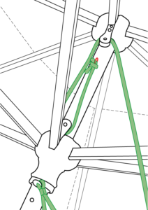 Seilwechsel Schritt 4: Das Seilende in der Öse, welche sich zwischen den beiden Umlenkrollen befindet, mit einem Knoten befestigen.