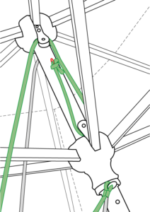 Seilwechsel Schritt 6: Das Seilende in der Öse, die sich zwischen den beiden Umlenkrollen befindet, mit einem Knoten befestigen